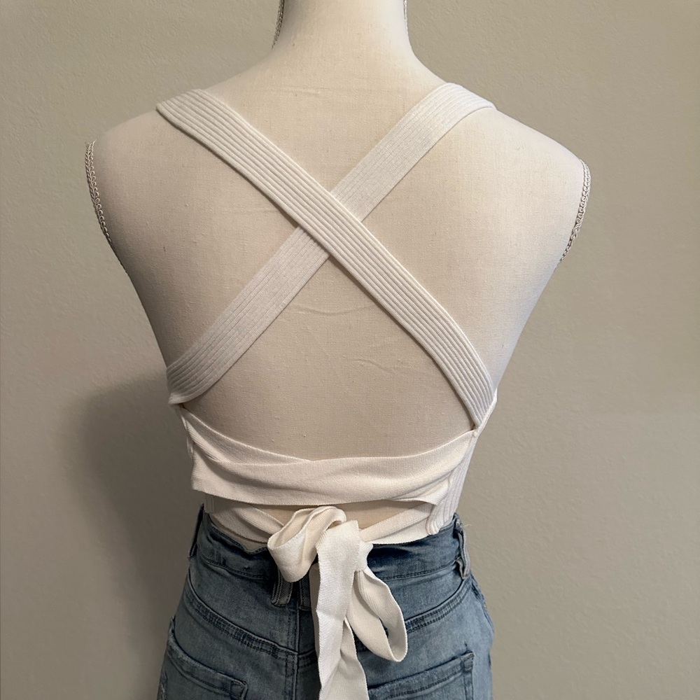 White Ribbed Crop Top with Cross Back and Tie Size Small - Picture 1 of 5